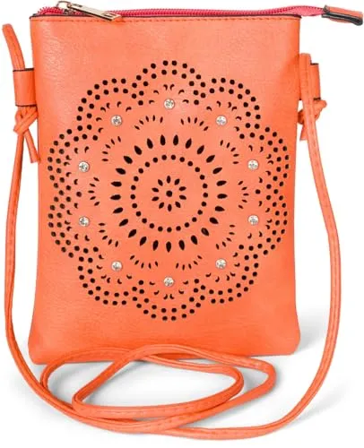 styleBREAKER Damen Mini Umhängetasche mit Blumen Lasercut Cutout Muster und Strass | kleine Crossbody Bag Schultertasche Handytasche 14,5 x 19 cm, Farbe:Orange