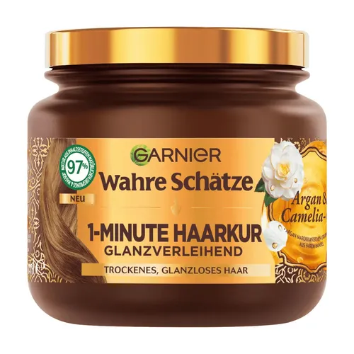 Wahre Schätze 1-Minute Haarkur mit Arganöl und Cameliaöl - Intensive Haarpflege in nur 1 Minute! Die vegane Haarkur bringt Glanz und Geschmeidigkeit für trockenes, glanzloses Haar. Mit hochwertigen Ölen für ein gesundes Haargefühl. Ideal für die schnelle Pflege zwischendurch.