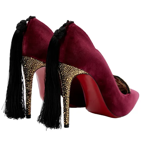 CHRISTIAN LOUBOUTIN Pumps Hot Chick Kiss Tasselled Samt Gold High Heels Schuhe