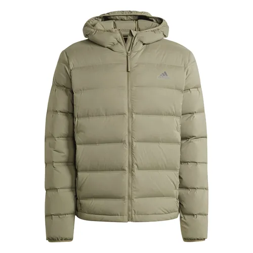 adidas Winter-Daunenjacke Helionic Stretch Hooded - wasserabweisend, olivegrün Herren - Funktionsjacke aus 88% recyceltem Polyester, hält warm und ist wasserabweisend. Ideal für kalte Tage mit reflektierenden Details und optimaler Passform durch weitenregulierbaren Gummizug.