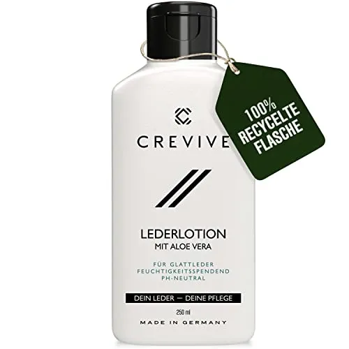 CREVIVE Lederpflege mit Aloe Vera - 250 ml Pflege für Sofa, Jacke & Schuhe - 𝗦𝗖𝗛𝗢𝗡𝗘𝗡𝗗𝗘 𝗟𝗘𝗗𝗘𝗥 𝗣𝗙𝗟𝗘𝗚𝗘 - Die farblose CREVIVE Lederpflege mit Aloe Vera sorgt für Geschmeidigkeit und schützt vor Brüchigkeit. Ideal für Ledermöbel, Taschen und Kleidung. 𝗠𝗔𝗗𝗘 𝗜𝗡 𝗚𝗘𝗥𝗠𝗔𝗡𝗬 - Hochwertige Qualität für nachhaltige Pflege.