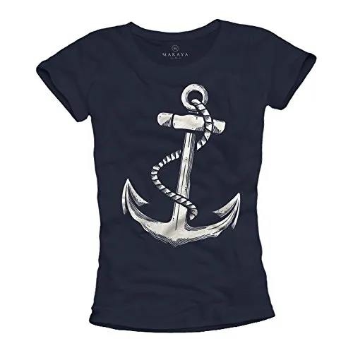 Ausgefallenes Damen T-Shirt mit Anker Aufdruck - Farbe dunkelblau Größe L