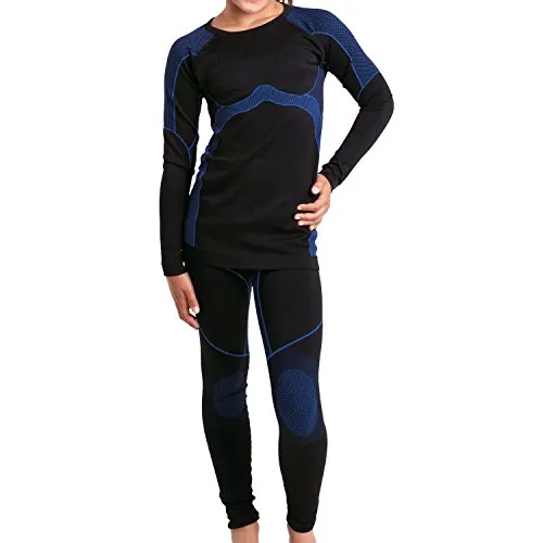 Gomati Thermohose Kinder Thermo Unterwäsche Set - Seamless Funktionswäsche blau|schwarz 146-152 - Funktionsunterwäsche für Kinder, nahtloses Design sorgt für höchsten Tragekomfort und Wärme, ideal für kalte Tage.