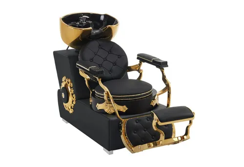 Barberpub Friseurstuhl mit Waschbecken Retro 8024 (Gold-Schwarz/PVC) - Waschbecken & -sessel, elegantes Retro-Design mit komfortablem PVC-Bezug für stilvolle Friseursalons