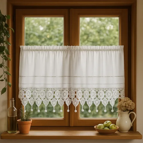 Fenstervorhang aus Baumwolle mit handgehäkelter Spitze im Vintage-Look - Bistro-/Scheibengardinen aus hochwertiger Baumwolle, halbtransparent und pflegeleicht. Ideal für romantische Küchen und Wohnräume. Maße: 50 x 120 cm, mit praktischem Tunnelzug.