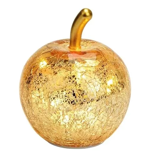 Seyila Dekorative Glas Apfel Lampe mit LED und Timer – Goldener Stiel, 22 cm - Stimmungsvolle Glasapfel-Lampe mit Craquelé-Oberfläche und LED-Beleuchtung. Ideal als Tischdeko oder Geschenk, sorgt für warmes Licht und Vintage-Charme.