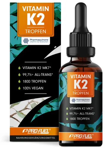ProFuel Vitamin K2 Tropfen - Hochdosiert & Vegan - Hochdosierte Vitamin K2 Tropfen mit 200 mcg bioaktivem K2 MK7 (K2VITAL®) für optimale Versorgung. 100% vegan und ideal für tägliche Einnahme. 1800 Tropfen pro Flasche.