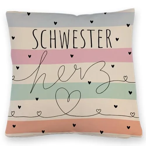 Herzen Kissen mit Leinenoptik mit Spruch Schwesterherz Originelles Geschenk für Schwester Liebevolle Familie Freundin Perfekt zum Geburtstag oder Weihnachten