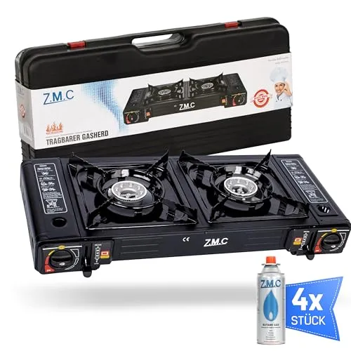 ZMC Gaskocher Doppel Campingkocher 2 Flammig - Campingkocher mit automatischer Piezo-Zündung, ideal für Outdoor-Aktivitäten. Kommt mit 4 Gaskartuschen 227g für sofortige Einsatzbereitschaft.