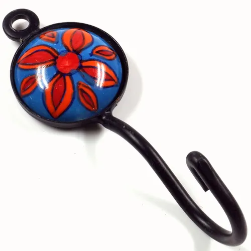 Runder blue Pottery Wandhaken, Garderobenhaken mit handgefertigter Fliese - Mod