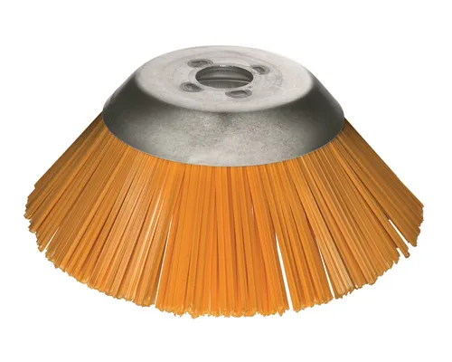 Lessmann Kegelbürste für Motorsensen - Ø 230 mm - Stahlbürsten zur Unkrautentfernung von Rasengittersteinen und Bordsteinen, kratzfrei dank weicher Kunstborsten, ideal für empfindliche Oberflächen.