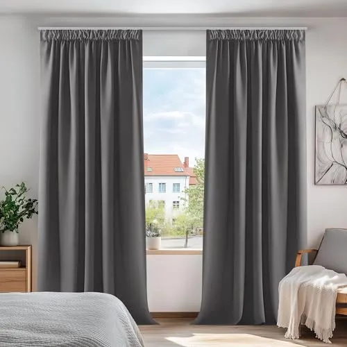 Deconovo Vorhänge mit Kräuselband Blickdicht Kälteschutz Vorhang Verdunkelung Gardinen Wohnzimmer, 175x140 cm(HöhexBreite), Hellgrau, 2er Set