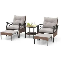 COSTWAY 5-teiliges Rattan Gartenmöbel Set - Braun/Grau - Elegantes Gartenmöbel-Set mit 2 Stühlen, 2 Ottomanen und 2-stufigem Beistelltisch. Robustes PE-Rattan und abnehmbare Kissenbezüge für einfachen Komfort und Pflege. Ideal für entspannte Stunden im Freien.