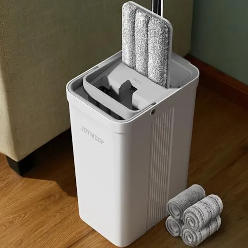 JOYMOOP Wischmopp und Eimer mit Auswringer-Set, Weiß Flach Squeeze Mop Eimer Set für Bodenreinigung, Nass Trocken Mop für Wandreiniger mit langem Griff, Hartholz-Bodenwischer mit 4 Mikrofasertüchern