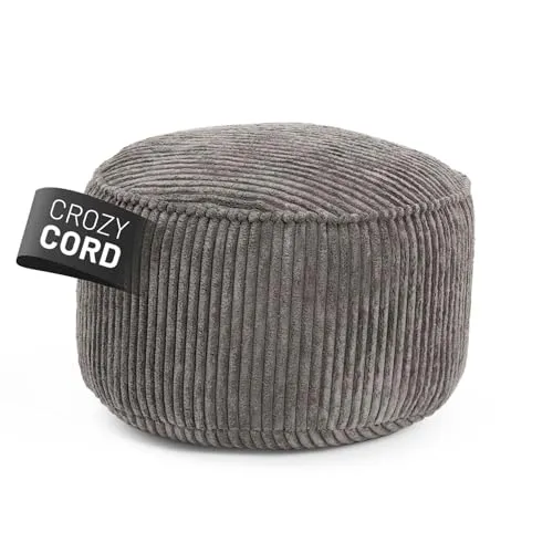 Lumaland Sitzsack-Hocker Pouf rund Cord 50l (grau) - Hocker, Bänke & Sitzsäcke; 3-in-1-Funktion als Sitzhocker, Fußschemel und Ablage – ideal für gemütliche Abende!