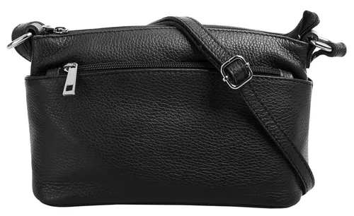 Cluty Umhängetasche Damen 020617 schwarz - Umhängetasche aus 100% hochwertigem Rindleder, mit mehreren Reißverschlussfächern und klassischem Design – ideal für jeden Anlass.
