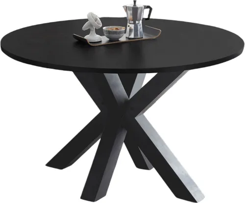 Runder ausziehbarer Esstisch Edda 8 - Graphit/Schwarzstahl - Esstisch rund, ausziehbar von 130 cm auf 170 cm, ideal für gemütliche Familienessen oder Dinnerpartys, mit robustem 4-Fuß Gestell in Sternform.