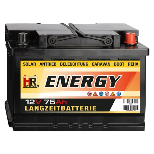 HR-ENERGY 75Ah 12V Versorgerbatterie für Camping und Wohnmobile - Wartungsfreie Blei-Säure Batterie mit 75Ah, ideal für Wohnmobile, Caravans und Boote – sorgt für zuverlässige Energieversorgung unterwegs.