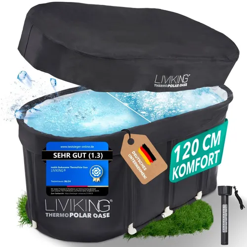 LIVIKING® Faltbare Badewanne & Eisbad - 120cm KOMFORT - Badewanne für Erwachsene, ideales Komplettset mit ThermoPolar Isolierung für entspannende Eis- und Warmbäder unterwegs, einfach zu montieren und platzsparend faltbar.