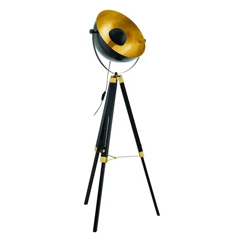EGLO Stehlampe Covaleda - Industrial Vintage Design - Standleuchte im Industrial-Vintage-Stil aus Holz und Stahl, mit goldener Innenseite. Ideal für Wohnzimmer, Schlafzimmer oder Esszimmer. Bequem über Schalter am Kabel ein- und ausschaltbar.