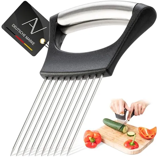 AVANA Zwiebelhalter aus Edelstahl – Praktische Schneidehilfe für Gemüse - Sichere und einfache Handhabung beim Schneiden von Zwiebeln und Gemüse. Der robuste Edelstahlhalter ist spülmaschinenfest und sorgt für stabilen Halt. Ideal für eine Vielzahl von Lebensmitteln und mit 100% Zufriedenheitsgarantie.