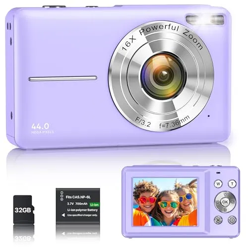 Digitalkamera 1080P 44MP Vlogging Kamera für Kinder Jugendliche, FHD Kompaktkamera Fotokamera mit 2,4" Bildschirm 16X Zoom, Anti-Shake Minikamera für Anfänger Studenten Jungen Mädchen-Lila