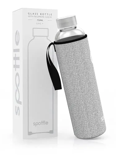 spottle® Glasflasche - Trinkflasche aus Glas mit Neoprenhülle in 550 & 750 ml - spülmaschinenfest und auslaufsicher - ideal für unterwegs, Saft, Sport und Yoga - 100% BPA frei Grau
