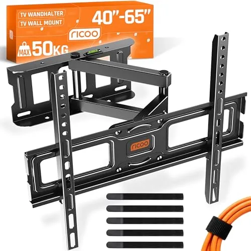 RICOO TV Wandhalterung S5144 für 30-55 Zoll Fernseher - TV-Wandhalterung mit schwenkbarem Arm, ideal für Flach- und Curved-TVs bis 50 kg. VESA 400x400 mm, Neigebereich +12/-3 Grad für optimale Sicht.