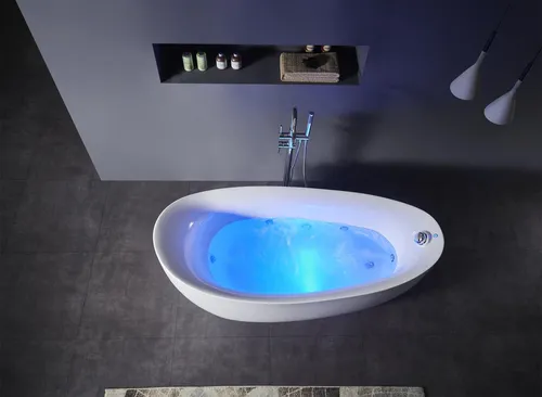 Indoor Whirlpool Badewanne - Whirlwanne für Ihr Zuhause - Moderne Eckbadewanne mit integrierten Massagedüsen und Licht-Effekten, ideal für entspannende Momente im Badezimmer.