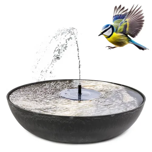 matches21 HOME & HOBBY Solar-Brunnen Set für draußen - 45 cm Schale schwarz - Teichdekoration mit Solarbetrieb, ideal für Garten- und Balkon-Dekoration sowie als Vogeltränke. Genießen Sie die beruhigende Wasserfontäne ohne Stromkosten!