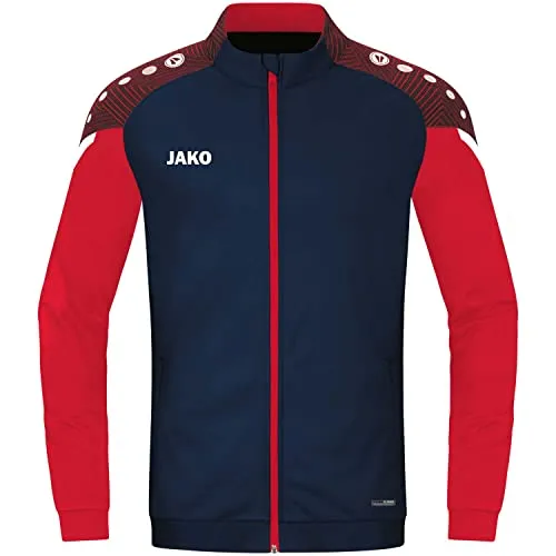 Jako Polyesterjacke Performance marine/rot 140 - Funktionsjacken aus 100% recyceltem Polyester, atmungsaktiv und schnelltrocknend für optimalen Tragekomfort beim Sport. Mit stylischen Jacquard-Einsätzen und praktischen Reißverschlusstaschen.