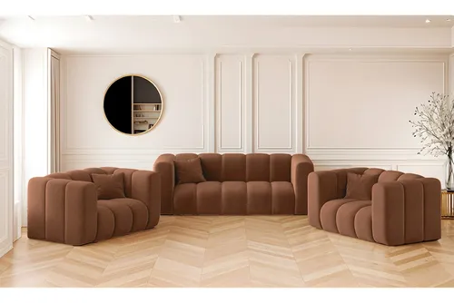 Stilvolle Sofagarnitur Grand 2+1+1 in Braun - Couchgarnitur Grand 2-1-1, elegantes Design mit modularem Komfort, ideal für moderne Wohnräume. Hochwertiger Stoff Salvador bietet hohe Abriebfestigkeit und einfache Pflege.