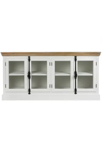 Wohnando Sideboard Vitrinenschrank liegend "Theresia", TV-Board, aus Holz, Landhaus, FSC® 4 Türen, weiß, 160x43x80 cm, Wohnzimmer