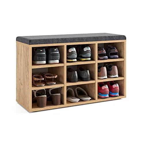 KOMTO Schuhbank mit Sitzfläche - Schuhregal in Honig Eiche - Sitzbank mit 9 verstellbaren Schuhregalen und gepolsterter Sitzfläche für komfortables Anziehen der Schuhe. Ideal für Flur und Garderobe, Maße: 80 x 50 x 30 cm.