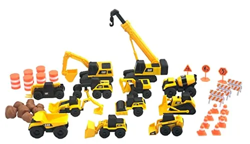 CAT® Construction Little Machines Mega-Set I Mit 40 Teilen I Enthält Fahrzeuge, einen Kran, Verkehrsschilder, Kegel, Blöcke und Zylinder I Für Kinder ab 3 Jahren