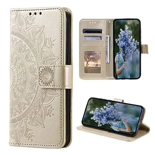 CoverKingz Handy Case kompatibel mit Samsung Galaxy S23 Ultra - Handy Cover mit Kartenfach Phonecase - Smartphone Hülle klappbar Motiv Mandala Gold