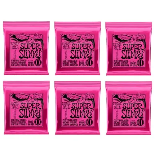 Ernie Ball Super Slinky Nickel Wound E-Gitarrensaiten, 6er-Pack, Stärke 9-42