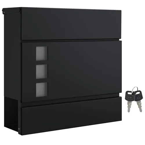 SONGMICS XXL Briefkasten mit Zeitungsfach - Wandbriefkasten in elegantem Schwarz, abschließbar mit Sichtfenster und wetterfestem Design – ideal für sicheren Postempfang und einfache Montage.