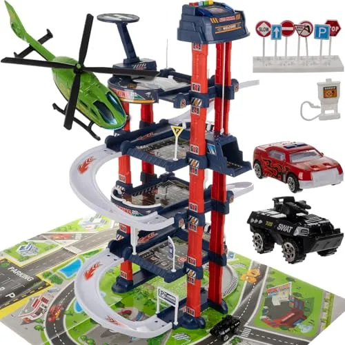Interaktives Parkhaus Set für Kinder Parkgarage Aufzug Spielzeugautos Hubschrauber Spielmatte Verkehrsschilder Tankstelle 4 Etagen 24646