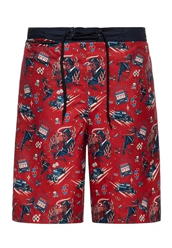 King Kerosin Herren Badeshorts Rockabilly Devil - Stylische Badeshorts im Rockabilly-Design mit elastischem Bund und Kordelzug. Ideal für den Strand und Pool, schnell trocknend und praktisch mit Taschen. Perfekt für einen auffälligen Look im Retro-Stil.
