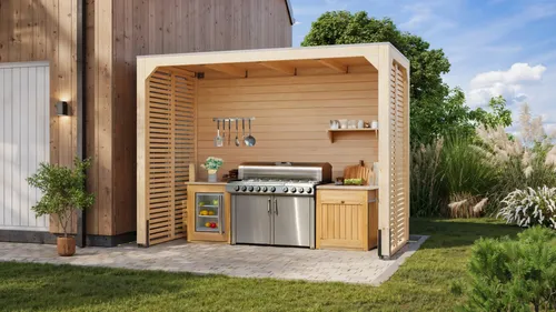 Grillküchenunterstand Holzpavillon Cubus 320x160cm - Gartenhäuser: Moderner Pavillon aus hochwertigem Leimholz mit stabilen 12x12 cm Pfosten, inklusive Rückwand und Lamellenseitenwänden für besten Wetterschutz und langlebige Nutzung.