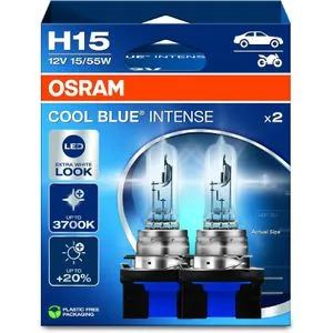 OSRAM Cool Blue Intense H15 Auto-Lampe - Autobeleuchtungen mit bis zu 100% mehr Helligkeit und neutralweißem Licht (3.700 Kelvin) für sichere Fahrten bei Nacht, ECE-zertifiziert und geeignet für alle Fahrzeuge mit 12V.