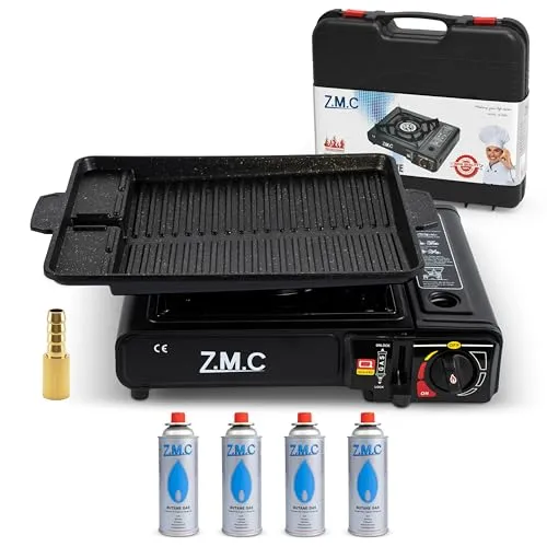 ZMC Gaskocher 1-flammig mit Aufbewahrungskoffer und Gaskartuschen - Campingkocher für Innenraum/Outdoor mit 2,2 kW Leistung, inkl. Piezozündung und praktischer Grillplatte, ideal für Camping und Outdoor-Aktivitäten.