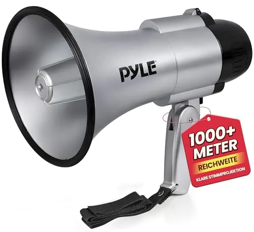 Pyle Megafon 30W mit Sirene & Mikrofon, Silber Faltbares Megaphone für Kinder & Erwachsene, Lautsprecher für Fußball, Events, Notfälle