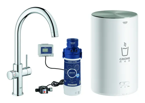 Grohe Red Duo Spültischarmatur mit C-Auslauf - Chrom, Boiler Größe M - Küchenarmatur mit integriertem Boiler für sofort heißes Wasser, perfekt für schnelle Zubereitung und komfortables Kochen.