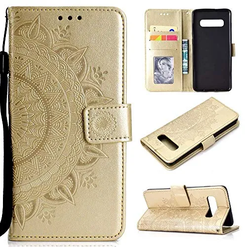 CoverKingz Handy Case kompatibel mit Samsung Galaxy S10 - Handy Cover mit Kartenfach Phonecase - Smartphone Hülle klappbar Motiv Mandala Gold