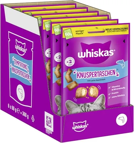WHISKAS Knuspertaschen Katzensnacks mit Lachs 6 x 60g – Leckere Lachs-Snacks für Katzen