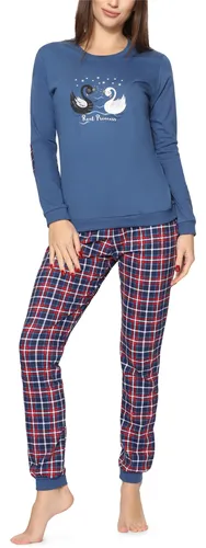 Cornette Schlafanzug Damen Schlafanzug Zweiteiler Pyjama Langarm mit Rundhals Baumwolle 634, Jeans (Swan)