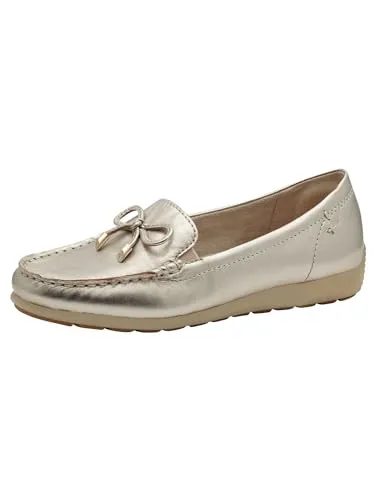 Tamaris Comfort Damen Mokassins aus Leder mit Schleife, Gold (Lt Gold) – Bequem und Elegant - Slipper & Mokassins für Damen mit Fitting Pad für individuelle Anpassung und außergewöhnlichem Tragekomfort dank flexibler Sohle.