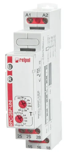 Zeitrelais RPC-2BP-UNI 8A 2Wechsler 12V-240V AC/DC - Zeitrelais für vielseitige Anwendungen mit automatischer Ein/Aus-Steuerung, ideal für Industrie und Haushalt. Maximale Stromstärke von 16 A, einfach auf Hutschiene montierbar.